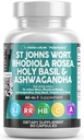 Nutracêuticos limpos St Johns Wort Rhodiola Rosea Holy Basil Ashwagandha - Apoio ao humor para mulheres e homens com vitamina C & Extrato de Pimenta Negra - 90 Caps