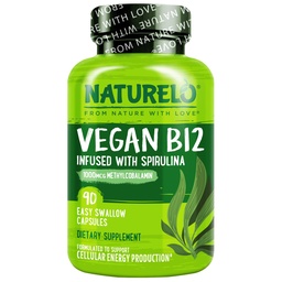 NATURELO Vegan B12 - Metil B12 com espirulina orgânica - Vitamina de alta potência B12 1000 mcg Metilcobalamina - Suporta humor saudável, Energia, Coração e Saúde dos Olhos - 90 Cápsulas