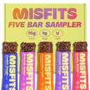 Misfits Vegan Protein Bars - Updated Recipe - Planta com base, baixo açúcar e carboidratos, Snacks de alta fibra de embalagens de amostra variedade para testar os sabores Pacote de 5 (1 de cada sabor)