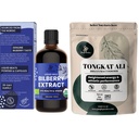 Pó de selva Tongkat Ali para homens Pó 200:1 Extrato 5 Bolsa de onça, Extrato de mirtilo selvagem para olhos Orgânico 3.4 oz Garrafa Bilberry Suplemento para olhos