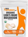 BulkSuplementos.com Leões Orgânicos Mane Mushroom Powder - Lions Mane Powder, Suplemento de cogumelos - Vegan & Gluten Free, 1g por serviço, 500g (1.1 lbs) (Pacote de 1)