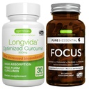 Longvida Lipida Curcumina 500mg + Foco Brain Booster Vegan Bundle, Ultra Biodisponível Curcumina + Cafeína, L-Teanina, Taurina & L-Tirosina, B-Vitaminas, Zinco & Cobre, por Igennus