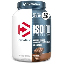 Dymatize ISO100 Whey Protein Powder Isolate, Fudge Brownie, 25g de proteína, 3 Libra, 5,5g BCAAs, Menos de 120 Cal., Gluten Free, 1g de gordura, 1g de açúcar, 2g de carboidratos (42 Servings)