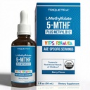 Metilfolato de crianças orgânicos + Cofator de metilo B12 - Flavor de berry orgânico, forma sublingual - 5-MTHF, forma superior de folato - dosagem ajustável para todas as idades - humor, comportamento, cognição - 1 oz.