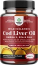 Óleo de fígado de bacalhau islandês Softgels - Wild Caught EPA DHA Omega 3 Fish Oil 1000mg por serviço - Suportavelmente Fonte Arrotado Suplemento de óleo de peixe com vitamina D3 & A para coração comum Cérebro e Immune Suporte