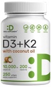SUPPLEMENT DEAL Vitamina D3 10 000 UI + K2 MK7 200mcg Softgels, 250 contagem 2-em-1 Complexo com óleo de coco virgem □ Fácil de engolir