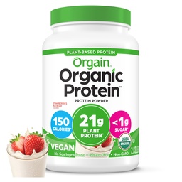 Orgain Organic Vegan Protein Powder, Morangos e Creme - 21g de proteína baseada em plantas, Carbos baixos líquidos, Glúten / Lactose Livre, Sem açúcar adicionado, Sem soja, Não-GMO, 2.03 Lb