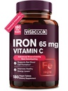 Suplemento de ferro para mulheres homens, ferro de alta potência 65mg com vitamina C 250mg, comprimidos de ferro amigável estômago para células vermelhas de sangue e apoio imunológico, Não-GMO e glúten livre, 180 Tablets Vegan