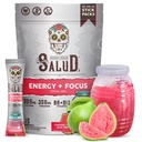 Salud 2-em-1 Beber Energia Pó + Foco, Goiaba, Cafeína orgânica, B6 + B12, Theanina, Pacotes de bebida de energia limpa, Guayaba Agua Fresca Mix, Não-GMO, Glúten Livre, Vegan, 1g de açúcar, (15 Serve)