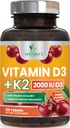Vitamina D3 K2 2000 UI Plus com K2 (MK-7) 75 mcg - Vitaminas D & K Suplemento Complexo para Osso, Dentes, Músculo, Absorção de Cálcio, Suporta Imune & Saúde do Coração, Fórmula não mastigável - 120 comprimidos