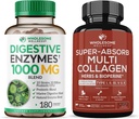 Enzimas Digestivas de Bem-Estar Saudável 1000MG Plus Prebióticos e Probióticos Suplemento + Pílulas de Colágeno Multi Super-Absorvente (Tipo I II III V X) Ervas Orgânicas e Bioperine Bundle