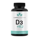 Luma Nutrition D3 + K2 Vitamina 10000 UI - Suplemento de Saúde Óssea e Cardíaca - Suporte Imune de Força Máxima e Absorção de Cálcio - 60 Softgels