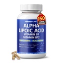 Ácido Alfa Lipóico Alta Potência com Vitamina B1, Vitamina B12, Benfotiamina, Ubiquinol, Pimenta Negra - Apoio à Saúde Celular - 150 Contagem - Made & Tested in the USA