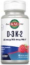 KAL Vitamina D3 K2 ActivMelt, Saúde Óssea, Coração e Imune Suporte Suplemento w/ D3 1000 UI e MK7 Vitamina K2, Tabs de dissolução instantânea, sabor de framboesa natural, 60 Servings, 60 Micro Tablets