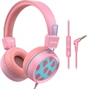 Novo Bee Kids Auscultadores com fio para a escola com microfone KH20 HD Stereo Safe Volume Limited 85dB/94dB Peso leve dobrável para menina / Mac / Android / Kindle / Tablet / Pad (Pink)