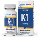 Fonte superior Vitamina K1 500 mcg - Força óssea e suplemento de apoio à saúde - Suplemento de vitamina K ajuda saúde do sangue e absorção de cálcio - 100 comprimidos de dissolução sublingual