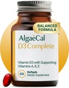 ALGAECAL 4-em-1 Vitamina D3 K2 completa - ADK Suplemento Vitamina, melhor suporte imunológico e saúde óssea com D3 K2, A, & E - Bem-estar corporal inteiro e força óssea, 60 Easy-Swallow Softgels, Made in USA