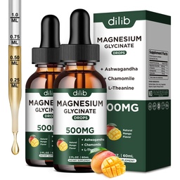 Suplemento de gotas líquidas de glicinato de magnésio, com glicinato de magnésio 500mg Ashwagandha, L - Theanina, Camomila -Support Stress Relief, osso, músculo, Mood Mango Flavor 2Pack