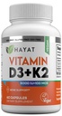 HAYAT Vitaminas Vegan Vitamina D3+K2 (5000 UI + 100 MCG), Suplemento dietético para osso, dentes, músculo e imunossuporte à saúde, 2 meses de fornecimento, Halal certificado, 60 cápsulas, Feito nos EUA