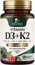Suplemento de vitamina D3 K2 . 5000 UI D3 + K2 100 mcg .. MK-7 K2 com vitamina D .. Suporta Imune, Coração, Dentes e Saúde Óssea - A natureza é fácil de mastigar, VIT D3 K2, Não-GMO, Saboroso sabor Berry - 120 comprimidos