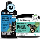 Óleo de peixe Omega-3 para cães + pó dental para limpeza de dentes e remoção de placas, promove pele saudável, revestimento e suporte imunológico