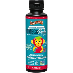 Barlean's Omega Pals Omega 3 para crianças, Yummy Straw-Nana Flavored Suplemento de óleo de semente de linho líquido para crianças com 1,483 mg ALA, Não-GMO, Vegan Brain and Eye Health, 8 onças