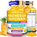 60 dias de fornecimento de magnésio Glicerinato 400mg Gummies com Ashwagandha, L-Theanina, CoQ10, Vitamina D3 & B6, Pastilhas de magnésio livre de açúcar para adultos e crianças, alívio de estresse, sono & calma, Vegan, Glúten livre