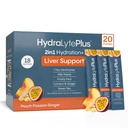 Suporte Hidralyte Fígado + Mistura de Eletrolíticos com Cardo de Leite, Açafrão, Ginger, Prickly Pear, Extrato de Chá Verde Formulado para Reidratação Rápida (Peach Passion Ginger, 20 pacotes)