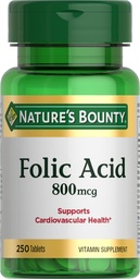 Suplemento de ácido fólico da recompensa da natureza, apoia a saúde cardiovascular, 800mcg, 250 comprimidos