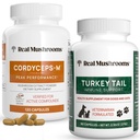 Cogumelos reais Cordyceps para seres humanos (120ct) & Turquia cauda para animais de estimação (90ct) - Pacote para energia, Vitalidade, e Imunidade - Vegan, Não-GMO, Grain-Free, Sem glúten de cogumelos Extract Cápsulas