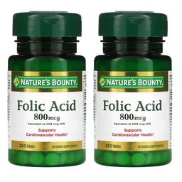 Ácido Fólico Bounty da Natureza 800 mcg Vitamina Suplemento Teor máximo - 250 Comprimidos, Embalagem de 2