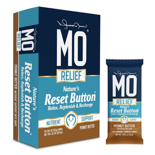 "MO RELIEF" BARS – All-Natural Superfood Snack Bars - Recuperação Snack Bars – Após o treino Nutriente Suporte com Datas, Camomila, Açafrão, & Ginger - (12 barras em uma caixa) (Manteiga de Peanut)