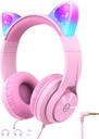Auscultadores iClever Kids com ouvido de gato LED Light Up, limite de volume seguro, FunShare, Dobrável, Auscultadores Over-Ear para crianças para escola / iPad / Tablet / Viagem, Meow Donut-Pink