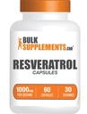 BulkSuplementos.com Resveratrol Cápsulas - Resveratrol Supplement, Polygonum Cuspidatum, Resveratrol 1000mg - Antioxidantes Supplement, Resveratrol Pills - 2 cápsulas por serviço, 60 cápsulas