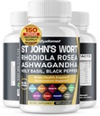 St. John's Wort Rhodiola Rosea Ashwagandha Holy Basil Valerian Camomile Black Pepper -150 Cápsulas- Made in USA