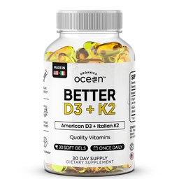 Orgânicos Oceano melhor D3 + K2-100% Orgânico VIT D3 e K2 Suplementos com máxima biodisponibilidade - Suporta densidade óssea, equilíbrio de cálcio, imunidade e humor - 1-Pack, fornecimento de 30 dias