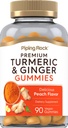 Piping Rock Turmeric e pastilhas de gengibre Contagem 90 sabor de pêssego Fórmula Vegan Não-GMO, Suplemento sem glúten
