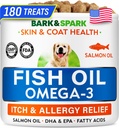 BARK & SPARK Omega 3 para cães - 180 Fish Oil Treats para Dog Shedding, Alergia da pele, Itch Relief, Hot Spots Tratamento - Saúde comum - Pele e casaco Suplemento - EPA & DHA ácidos gordos - óleo de salmão canino
