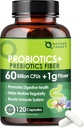 Probióticos para Mulheres e Homens Saúde Digestiva com Fibra Prebiótica - Suplemento de Fibra com 60 bilhões Probiótico para Regularidade & Limpeza de Gut - Suporta Constipação Ocasional - 120 Cápsulas Veggie