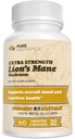 Puro Nootropics - Mane 8:1 Cogumelo 500 mg Extrato duplo , 60 tampas vegetarianas , > 20% beta-glucanos , Hericium erinaceus , Saúde do cérebro