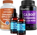 5-in-1 Ceilão Cinnamon (120ct), 4-in-1 Biotin Collagen Queratin Saw Palmetto (2 fl oz - 2 Pack) e 6-in-1 Maca Root Ashwagandha (120ct) Bundle - Energia, Mood, Cabelo, Pele e Imune Suporte Suplemento