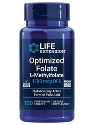 Extensão de vida Folato otimizado – L-metilfolato – Apoio ao Coração e ao Cérebro, Níveis de Homocisteína Saudáveis – Não-GMO, Sem Glúten, Vegetariano – 1700 mcg DFE, 100 comprimidos vegetarianos
