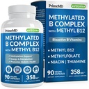 Complexo B metilado com metilfolato e B12 Metilcobalamina 1000 mcg - Multivitamina metilada para Energia, Função Cérebro e Bem-Estar - Complexo Vitamina B para Homens e Mulheres (90 Servos) (Pacote de 1)