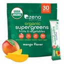Zena Nutrition Orgânico Super Verdes Pó, 70+ Superalimentos, 0 Açúcar, Fibra 3G, espirulina, chlorela, cogumelos, prebióticos/probióticos, enzimas digestivas para Gut Health, Mango, 30 pacotes de mistura de bebida