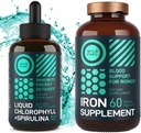 Comprimidos de ferro WILD FUEL para mulheres com ácido fólico e clorofila líquida com espirulina Saúde feminina e Detox Bundle