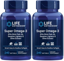 Extensão de vida Super Omega-3 EPA / DHA Óleo de peixe, Lignans Sésamo e Extrato de Oliva – Coração, Cérebro, Apoio à Saúde Inflamação, Sem glúten, Fácil de engolir, Não-GMO, 240 Softgels (Pacote de 2)