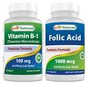 Melhor Naturals Vitamina B1 como mononitrato de tiamina 100 mg & Ácido Fólico 1000 mcg