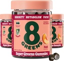 8Greens Supergreens Gummies Super Greens Powder Superfood Gummy para Metabolismo, Imunidade e Foco, Enzimas Digestivas de Saúde, Orgânico: chlorela, espirulina, Aloe Vera, Flavor de pêssego, 150 Conde