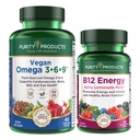 Pureza Produtos Pacote - Vegan Omega 3-6-9 + B-12 Energia Derreter Omega 3-6-9 (“5 em 1” Planta-Baseada Omega 3 6 9 Complexo de Ácido Gordura Essencial) - B12 Berry Melt (Metilcobalamina B12 + B6 + D3 + Mais)