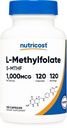 Nutricost Metilfolato 1000mcg, 120 Cápsulas Vegetarianas - Glúten Livre, Não-GMO (Folato Metilado)